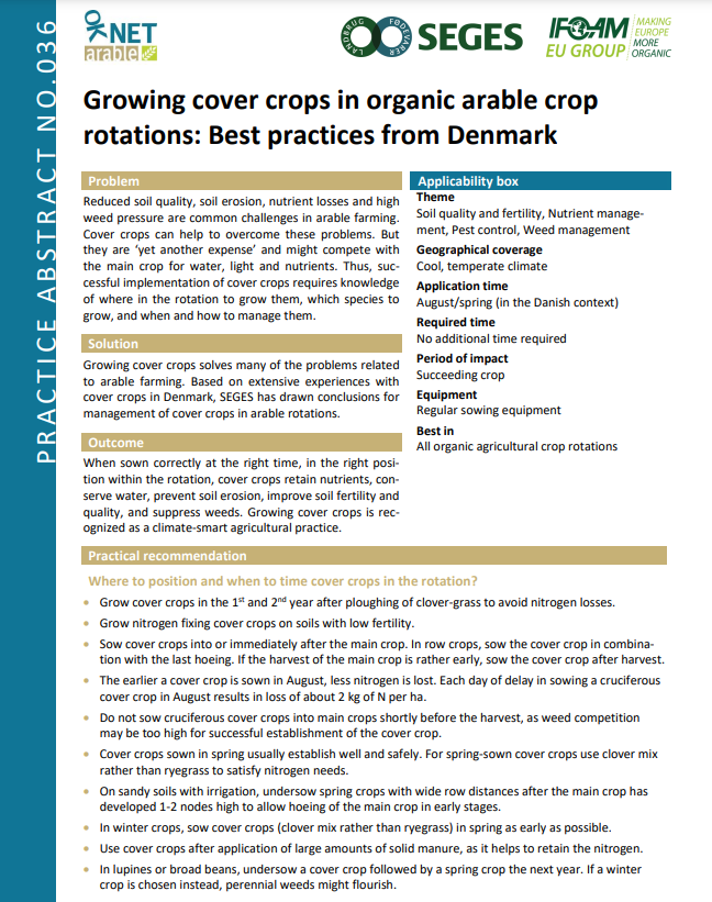 Cultiver des cultures de couverture dans les rotations de cultures arables biologiques : meilleures pratiques du Danemark (résumé OK-Net Arable Practice)