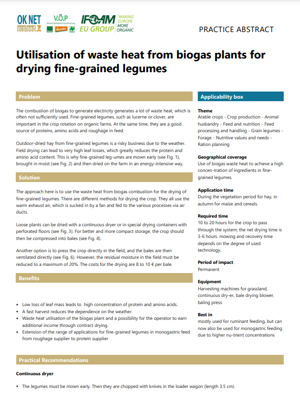 Utilisation de la chaleur résiduelle des usines de biogaz pour le séchage des légumineuses à grains fins (OK-Net Ecofeed Practice Abstract)