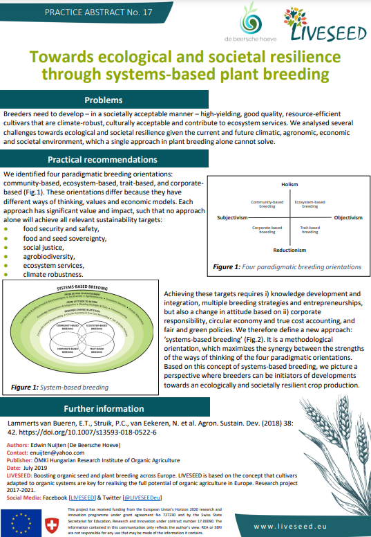Vers une résilience écologique et sociétale grâce à la sélection végétale basée sur les systèmes (Liveseed Practice Abstract)