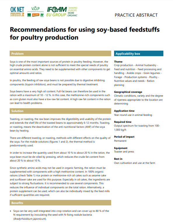 Recommendations for using soy-based feedstuffs for poultry production (OK-Net Ecofeed Practice Abstract)