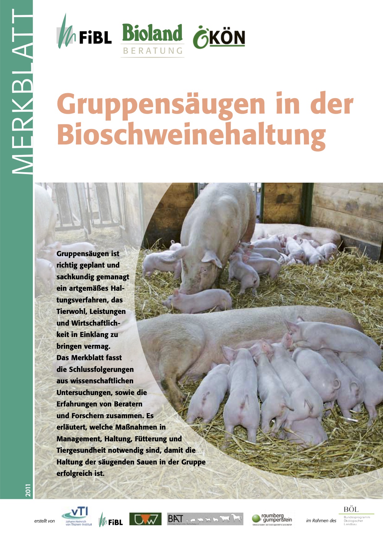 Lactante en grupo en la cría de cerdos ecológicos (FiBL Factsheet)