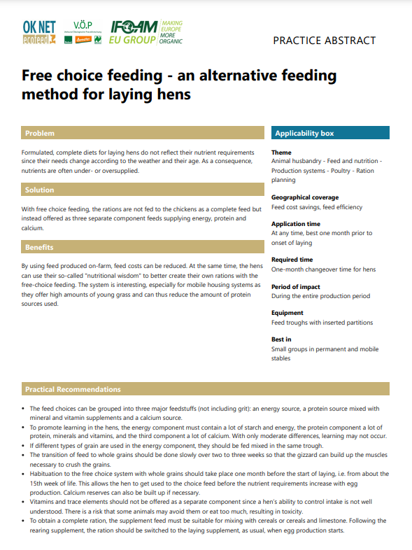 Free choice feeding - an alternative feeding method for laying hens (OK-Net EcoFeed Practice Abstract)