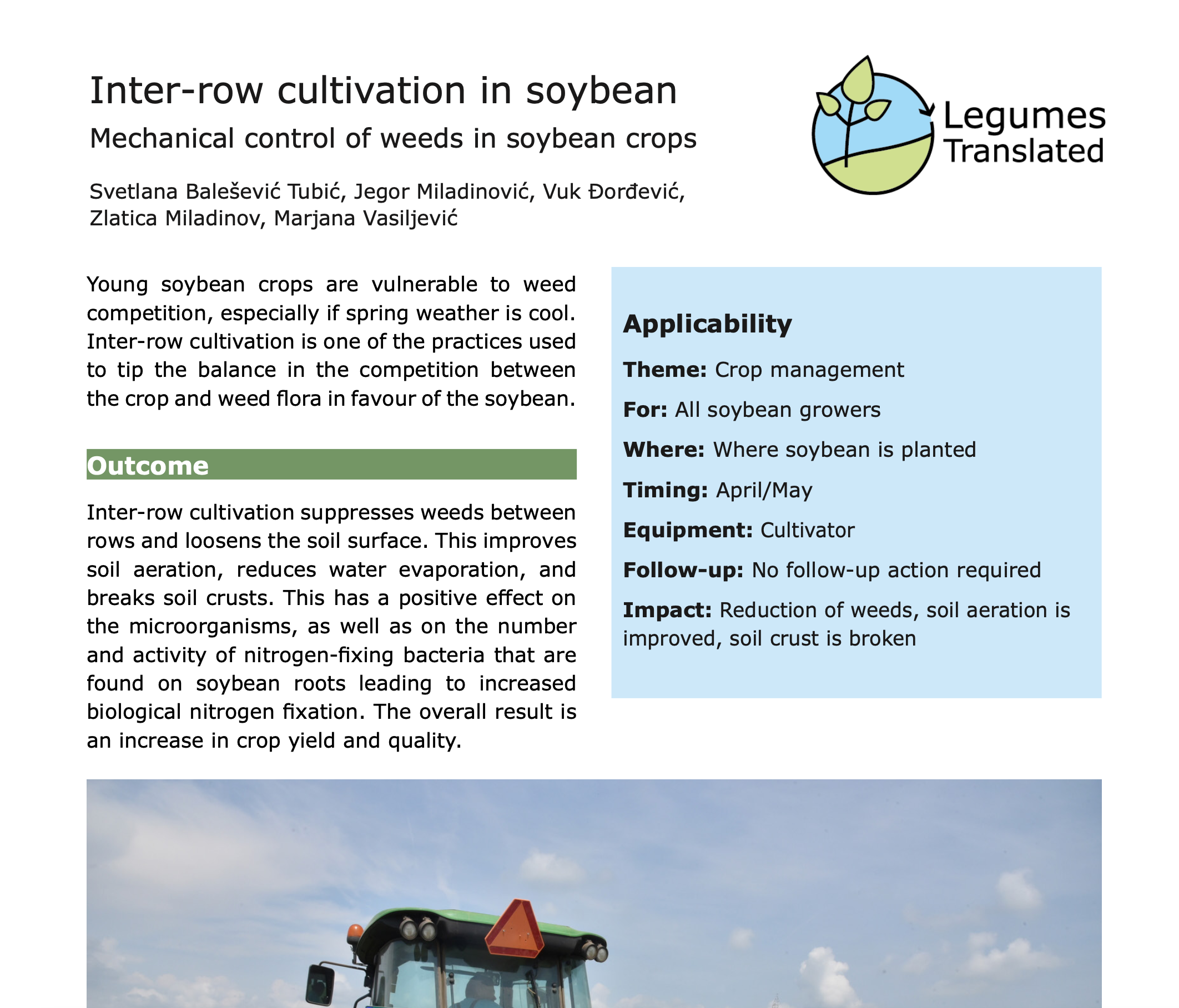 Inter-row cultivation - Mechanical control of weeds in soybean crops