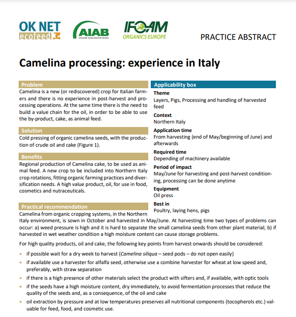 Преработка на Camelina: опит в Италия (резюме на OK-Net EcoFeed Practice)