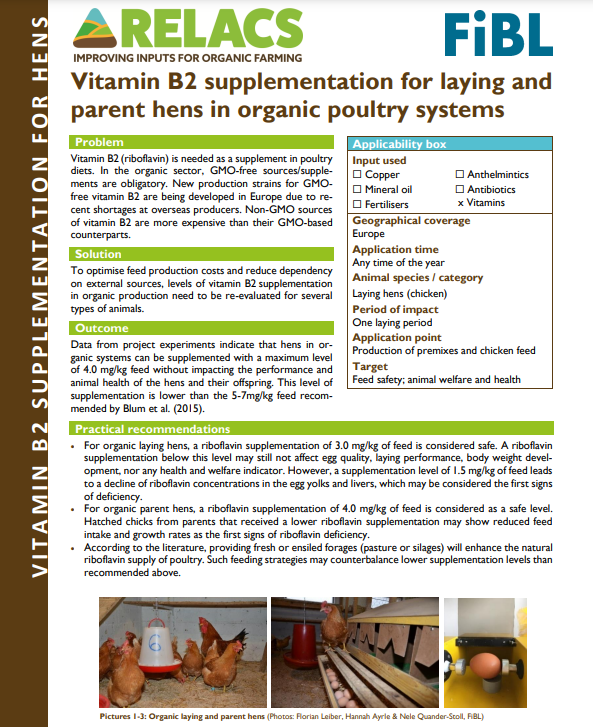 B2 vitamīna piedevas dējējvistām un vecākajām vistām bioloģiskās mājputnu sistēmās (RELACS prakses kopsavilkums)