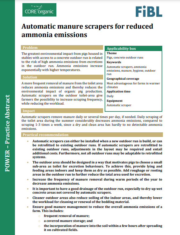 Automātiskie kūtsmēslu skrāpji amonjaka emisiju samazināšanai (POWER Practice Abstract)