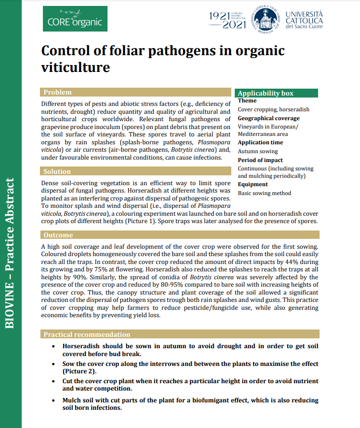 Control of foliar pathogens in organic viticulture (BIOVINE Practice Abstract)