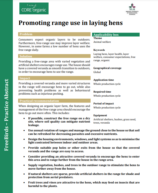 Promoting range use in laying hens (FreeBirds Practice Abstract)