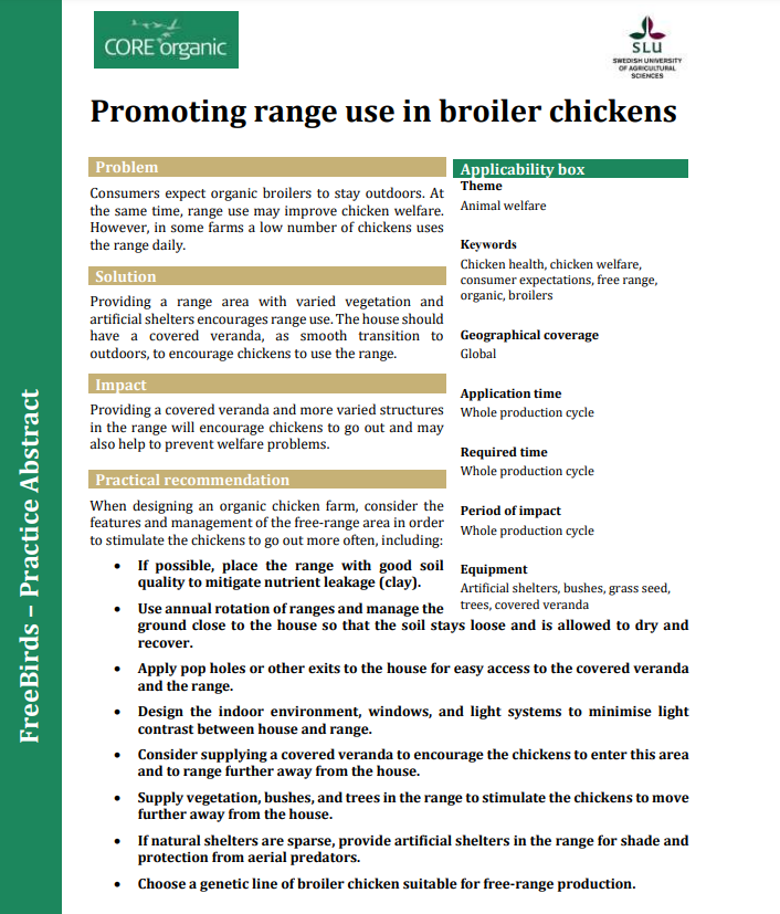 Насърчаване на използването на пасища при пилета бройлери (FreeBirds Practice Abstract)