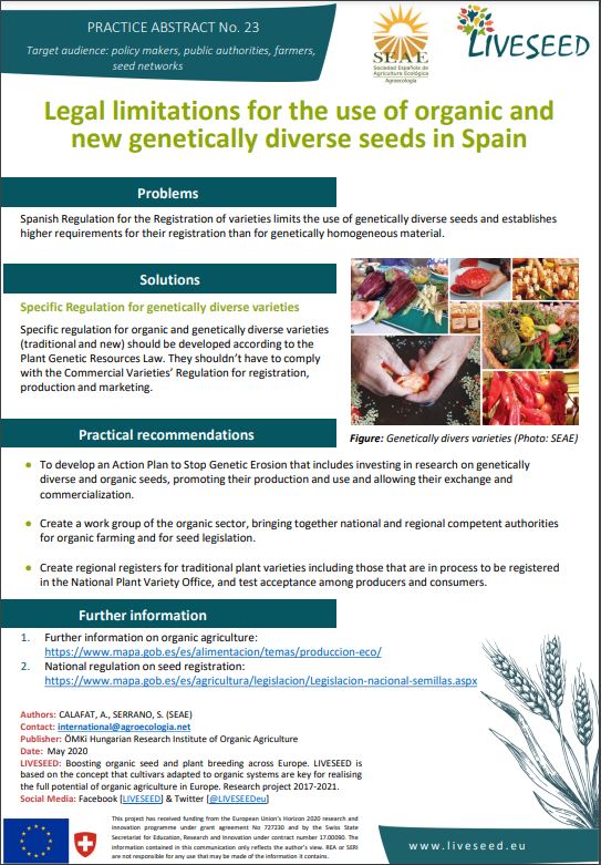 Limitations légales pour l'utilisation de semences biologiques et de nouvelles semences génétiquement diverses en Espagne (Liveseed Practice Abstract)