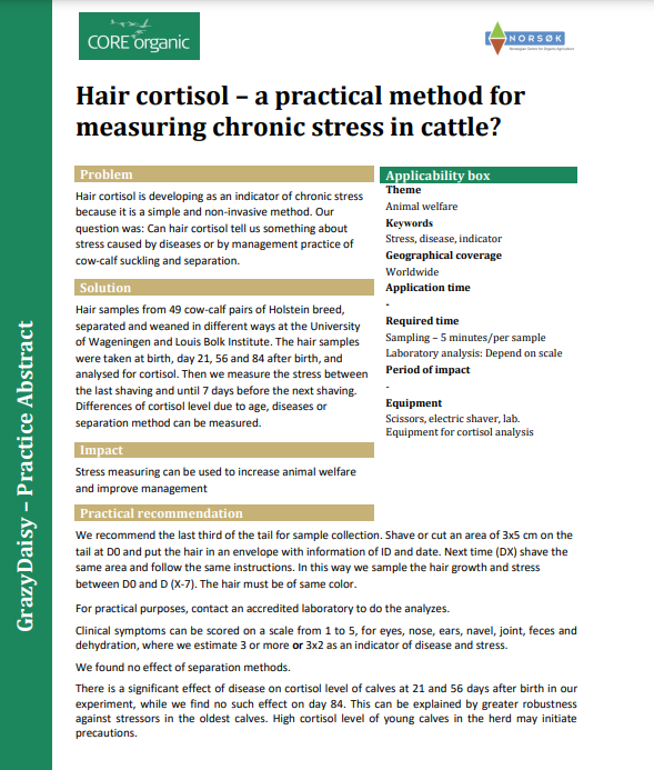 Hair cortisol – a practical method for measuring chronic stress in cattle?  (CORE Organic Practice Abstract) - Organic Farm Knowledge