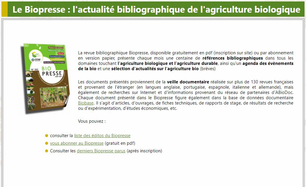 Biopresse – monthly French bibliographic review on organic agriculture