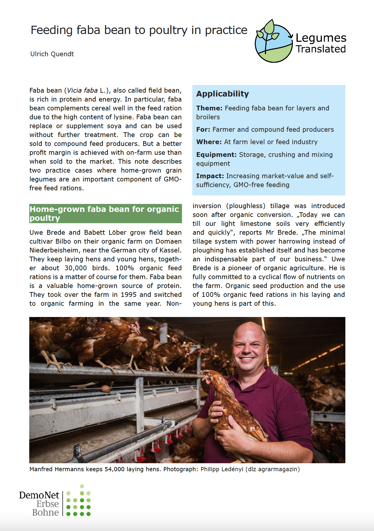 Feeding faba bean to poultry in practice