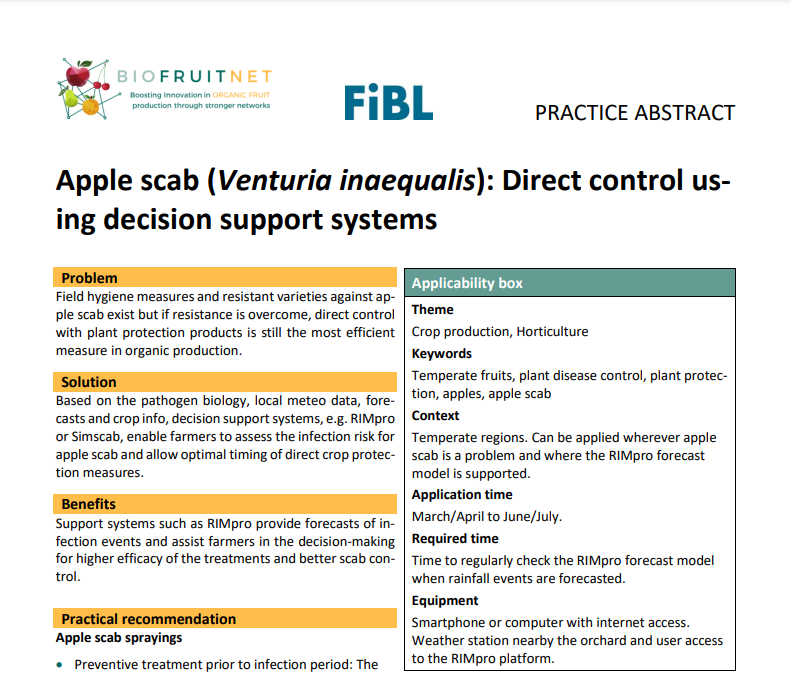 Parch jabłoni (Venturia inaequalis): Kontrola bezpośrednia za pomocą systemów wspomagania decyzji (Streszczenie praktyki Biofruitnet)