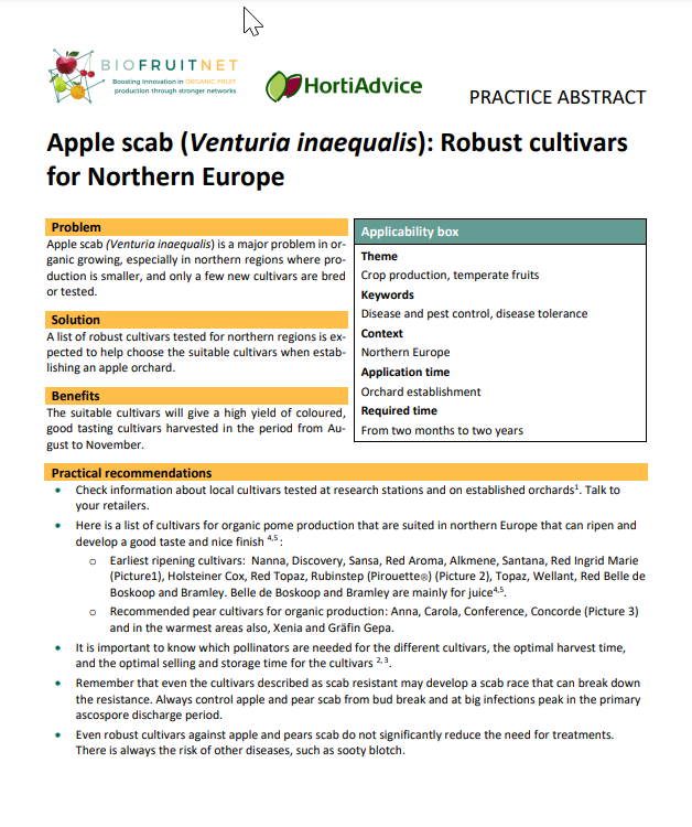Sarna del manzano: cultivares robustos para el norte de Europa (Resumen de práctica de Biofruitnet)