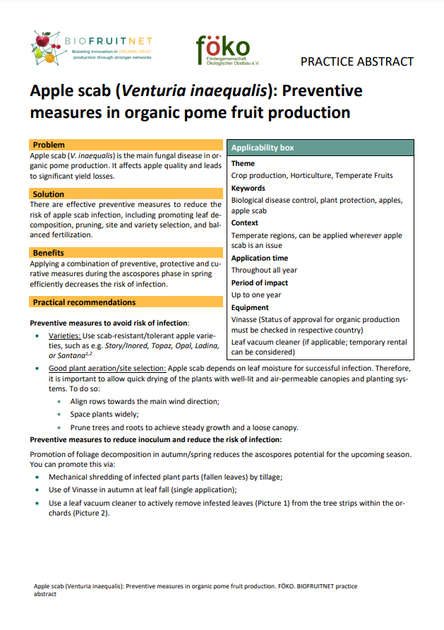Ābolu kraupis (Venturia inaequalis): preventīvie pasākumi bioloģiskajā sēklu augļu ražošanā (Biofruitnet prakses kopsavilkums)