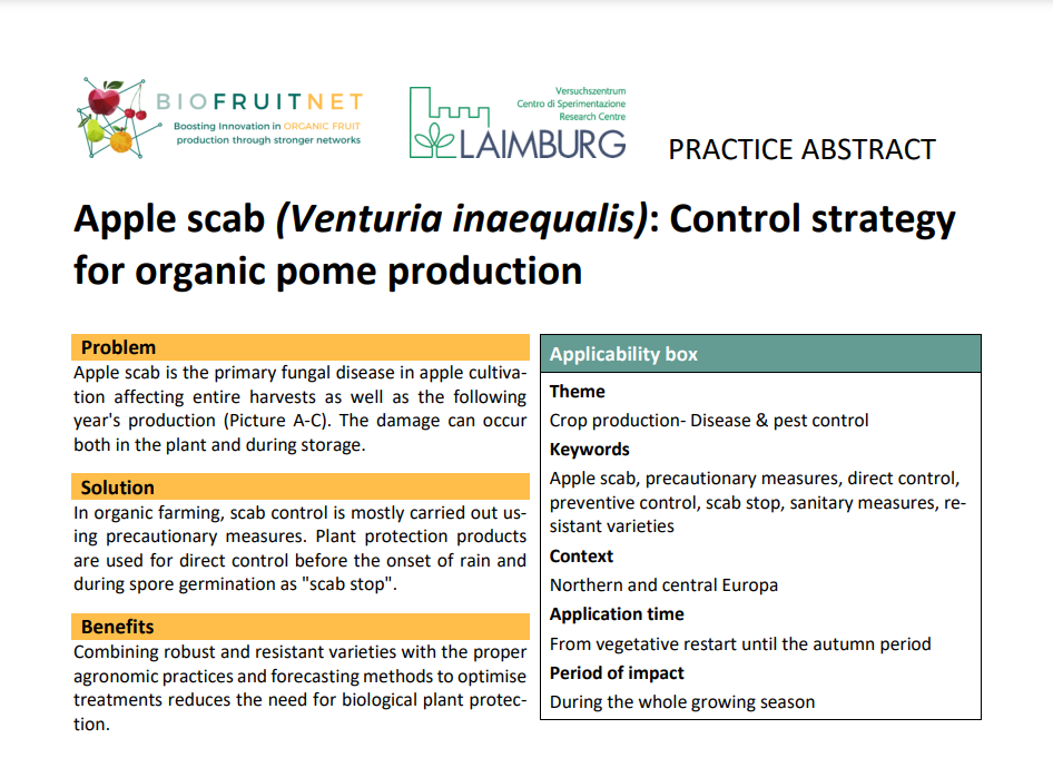 Ябълкова струпясване (Venturia inaequalis): Стратегия за контрол при органично производство на семки (Резюме на Biofruitnet Practice)