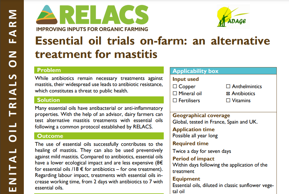 Δοκιμές αιθέριων ελαίων στο αγρόκτημα: μια εναλλακτική θεραπεία για τη μαστίτιδα (RELACS Practice Abstract)