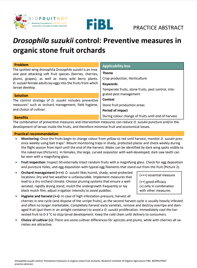 Drosophila suzukii control: Preventive measures in organic stone fruit orchards (Biofruitnet Practice Abstract)