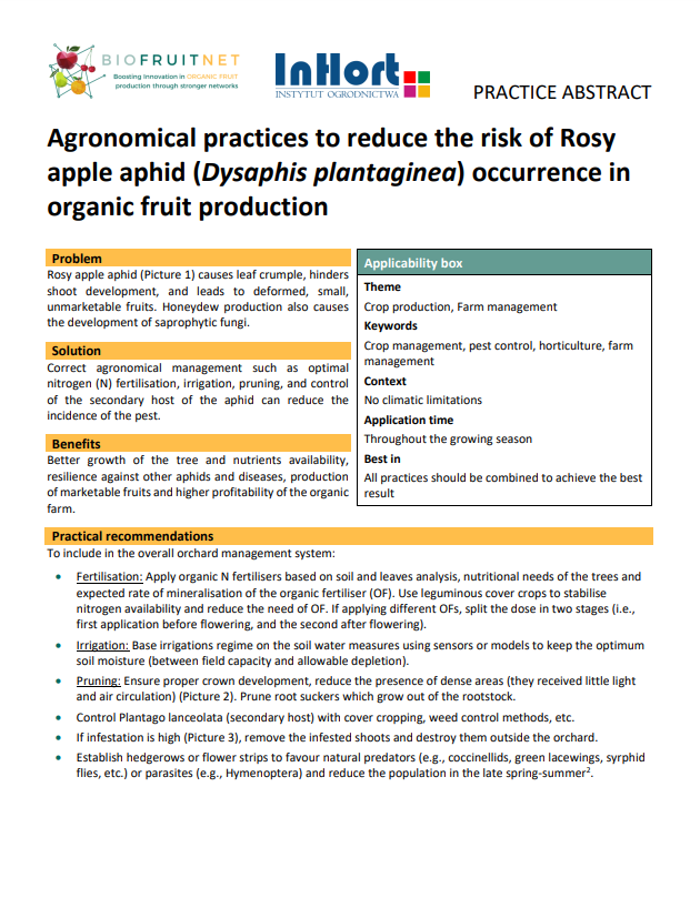 Prácticas agronómicas para reducir el riesgo de aparición del pulgón rosado de la manzana (Dysaphis plantaginea) en la producción de frutas orgánicas (Resumen de prácticas de Biofruitnet)