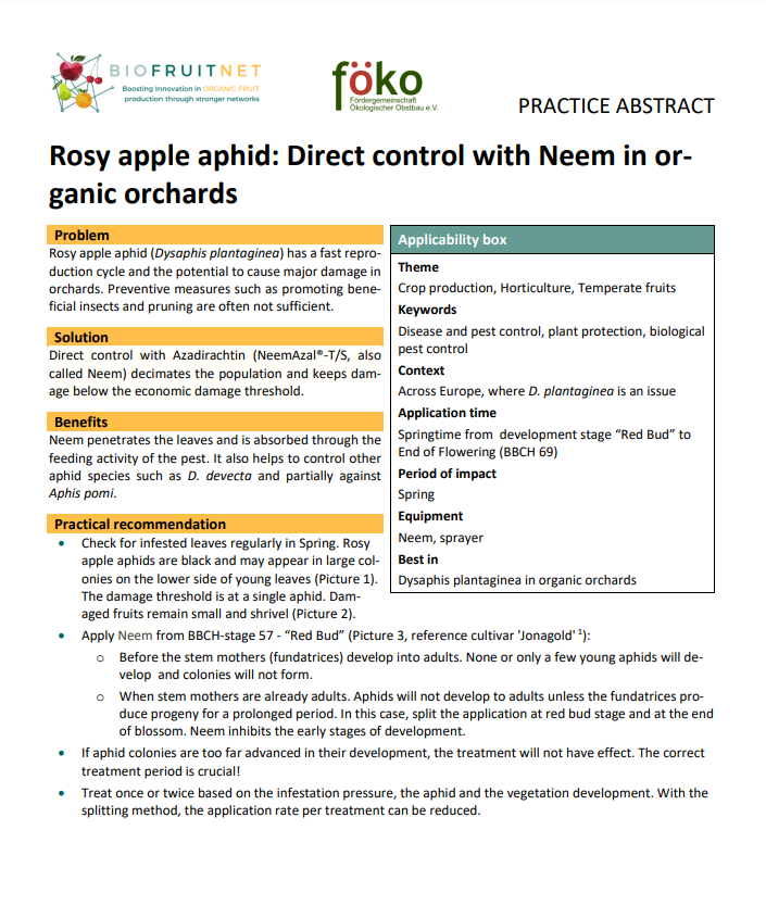 Roosne õuna-lehetäi: otsene tõrje neemiga maheviljaaedades (Biofruitnet Practice Abstract)