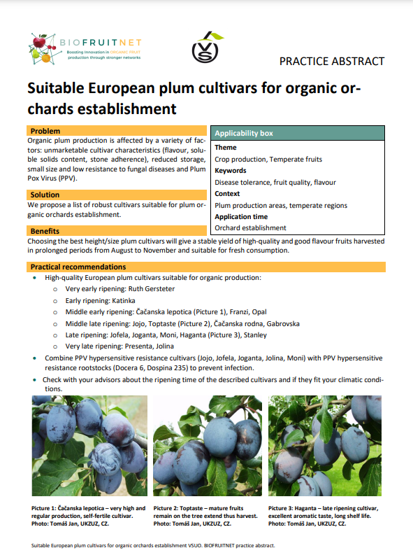 Suitable European plum cultivars for organic orchards establishment (Biofruitnet Practice Abstract)