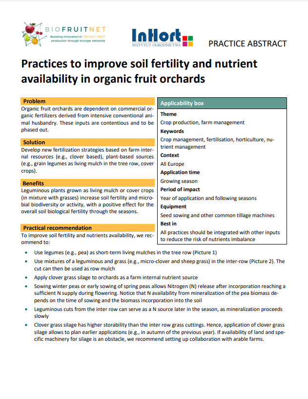Pratiche per migliorare la fertilità del suolo e la disponibilità di nutrienti nei frutteti biologici (Biofruitnet Practice Abstract)