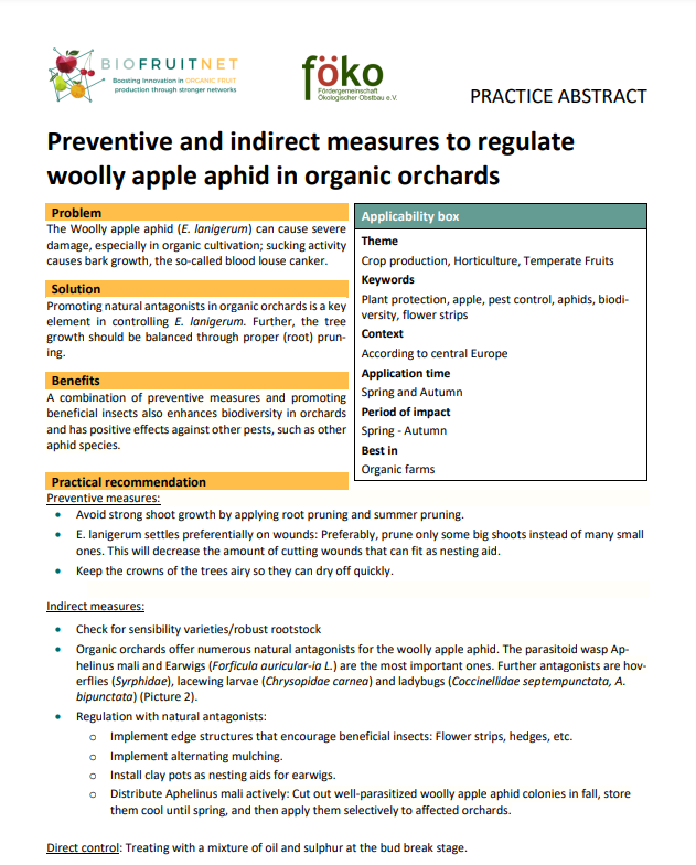 Forebyggende og indirekte foranstaltninger til regulering af uldne æblebladlus i økologiske plantager (Biofruitnet Practice Abstract)
