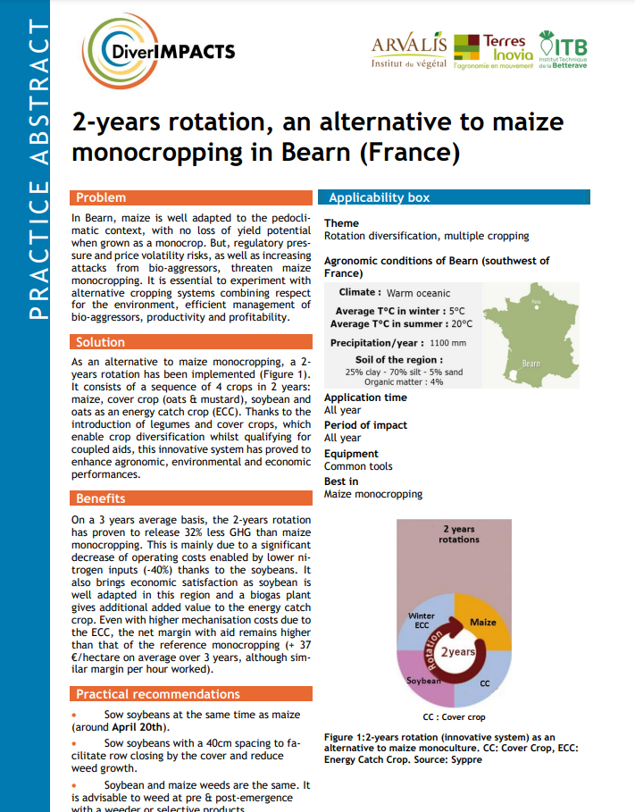 Rotatie van twee jaar, een alternatief voor monocultuur van maïs in Bearn, Frankrijk (DiverIMPACTS Practice Abstract)