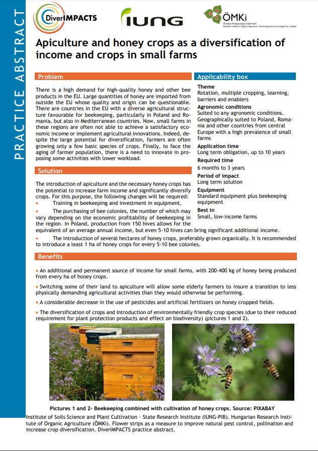 Biškopība un medus kultūras kā ienākumu un ražas dažādošana mazās saimniecībās (DiverIMPACTS prakses kopsavilkums)