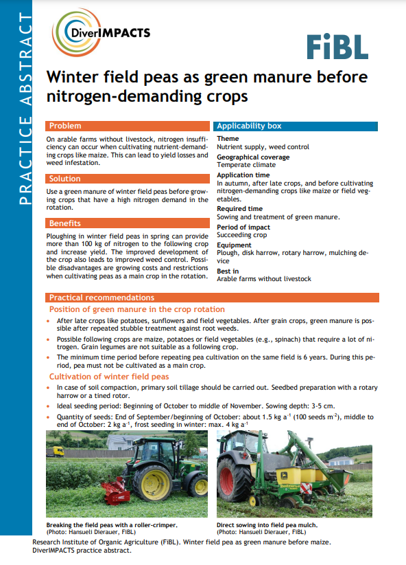 Guisantes de invierno como abono verde antes de cultivos que requieren nitrógeno (Resumen de práctica de DiverIMPACTS)