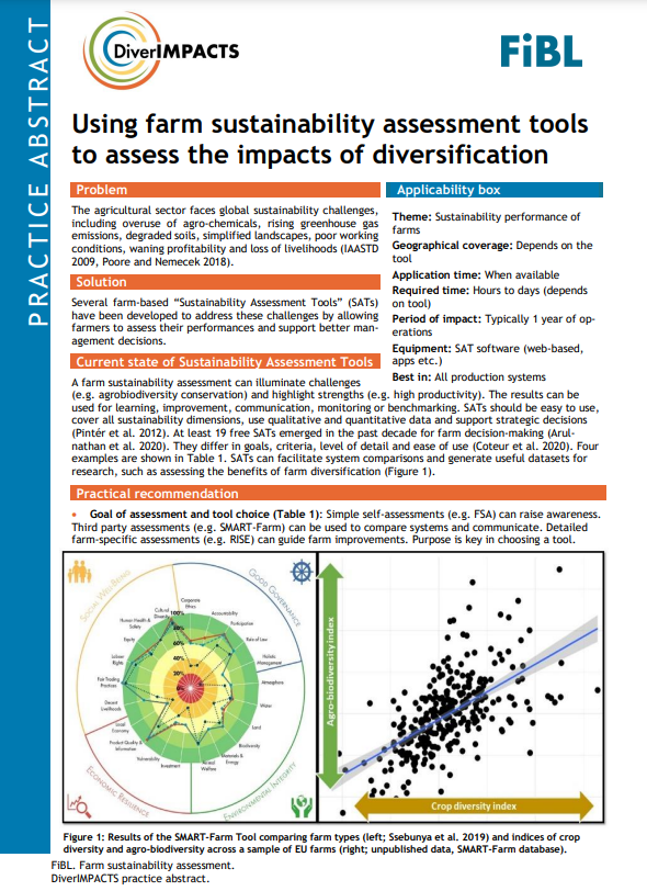 Uso de herramientas de evaluación de la sostenibilidad agrícola para evaluar los impactos de la diversificación (Resumen de práctica de DiverIMPACTS)