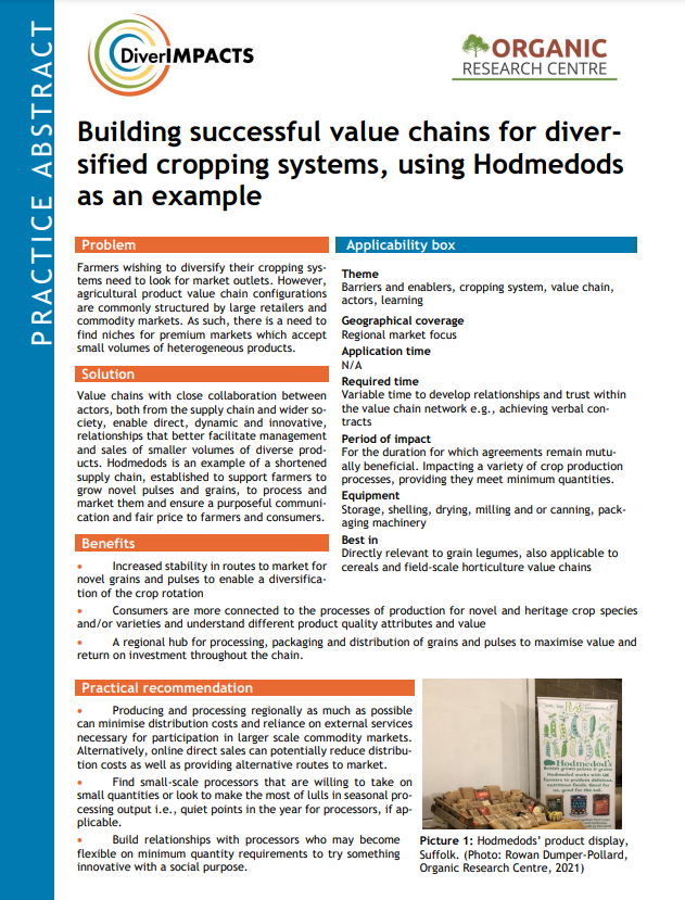 Construyendo cadenas de valor exitosas para sistemas de cultivo diversificados, usando Hodmedods como ejemplo (Resumen de práctica de DiverIMPACTS)