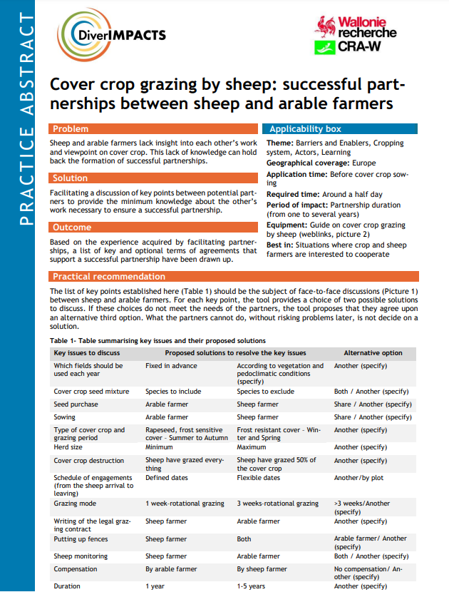 Cover crop grazing by sheep: successful partnerships between sheep and arable farmers (DiverIMPACTS Practice Abstract)