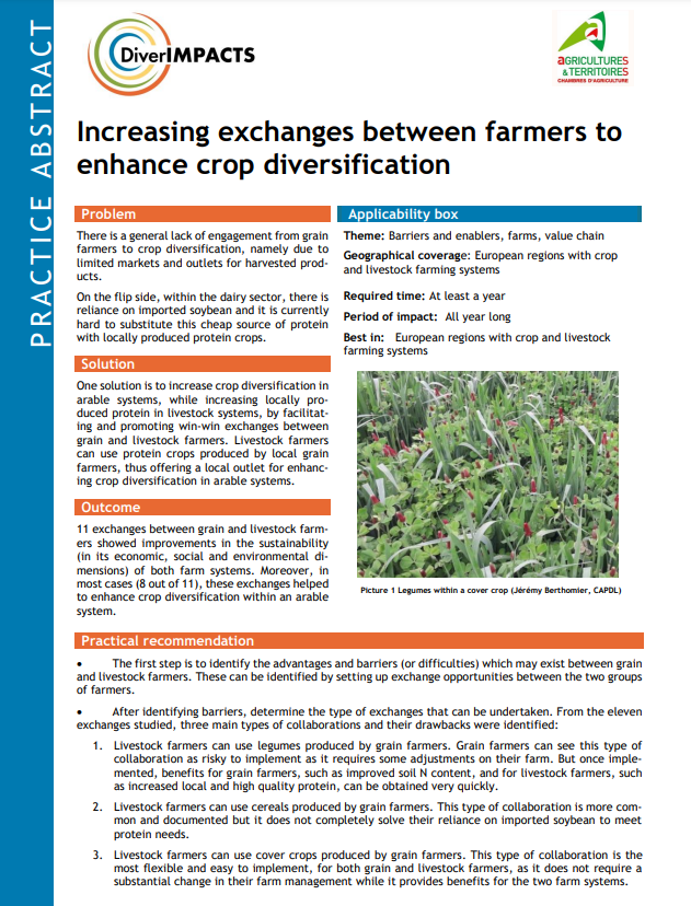 Accroître les échanges entre agriculteurs pour améliorer la diversification des cultures (DiverIMPACTS Practice Abstract)