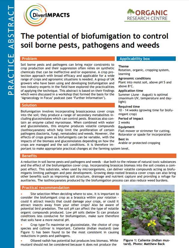 The potential of biofumigation to control soil borne pests, pathogens and weeds (DiverIMPACTS Practice Abstract)
