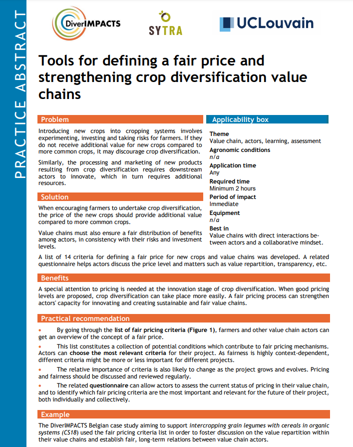 Tööriistad õiglase hinna määramiseks ja põllukultuuride mitmekesistamise väärtusahelate tugevdamiseks (DiverIMPACTS praktika kokkuvõte)