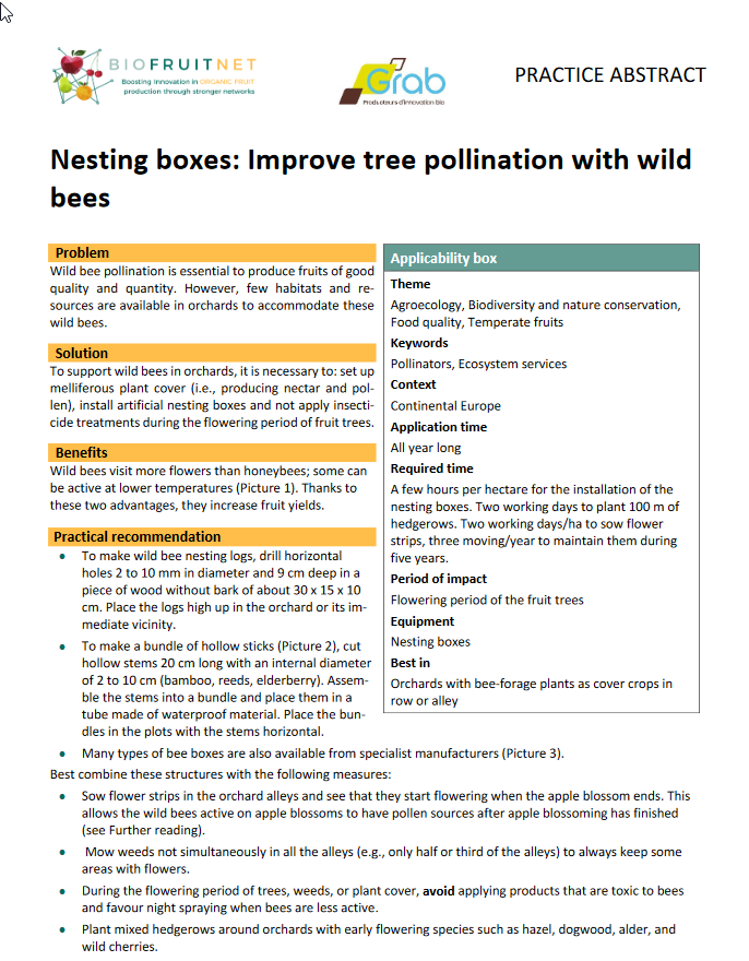Ligzdošanas kastes: uzlabojiet koku apputeksnēšanu ar savvaļas bitēm (BIOFRUITNET prakses kopsavilkums)