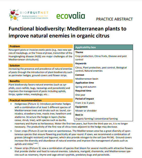 Functional biodiversity: Mediterranean plants to improve natural enemies in organic citrus (BIOFRUITNET Practice Abstract)