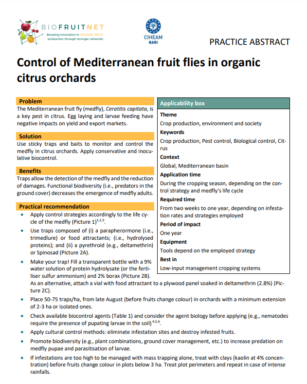 Vidusjūras augļu mušu kontrole bioloģiskajos citrusaugļu dārzos (BIOFRUITNET prakses kopsavilkums)