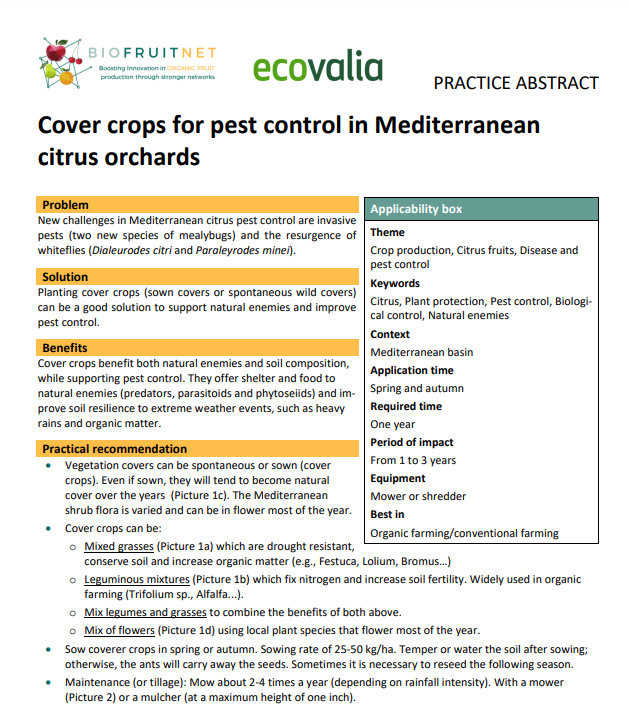 Покривни култури за контрол на вредителите в средиземноморски цитрусови овощни градини (Резюме от практиката на BIOFRUITNET)