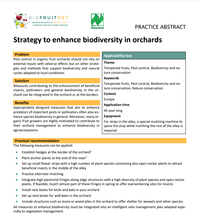 Strategia zwiększania różnorodności biologicznej w sadach (streszczenie praktyki BIOFRUITNET)