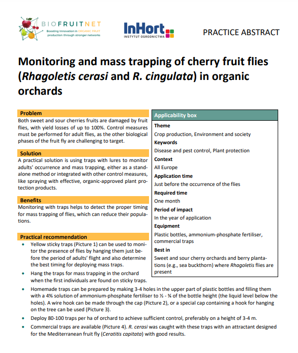 Cseresznye legyek (Rhagoletis cerasi és R. cingulata) monitorozása és tömeges befogása biogyümölcsösökben (BIOFRUITNET Practice Abstract)