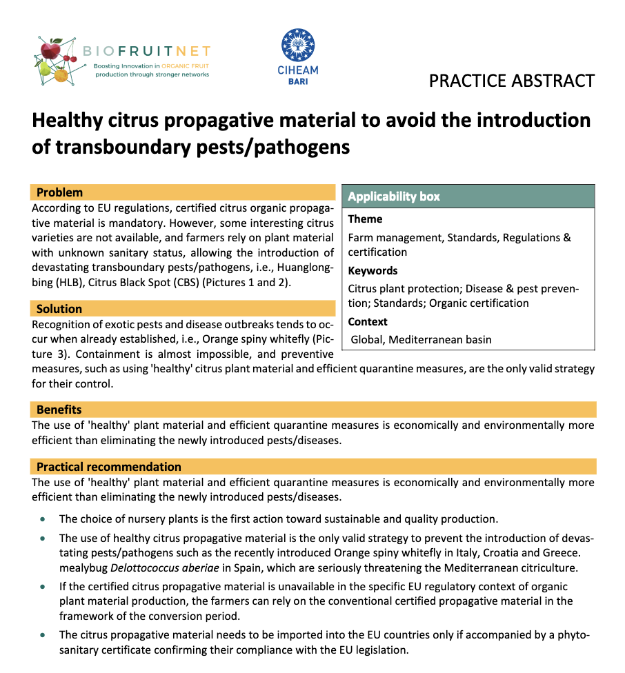 Materiale di propagazione degli agrumi sano per evitare l'introduzione di parassiti/patogeni transfrontalieri (Abstract della pratica BIOFRUITNET)