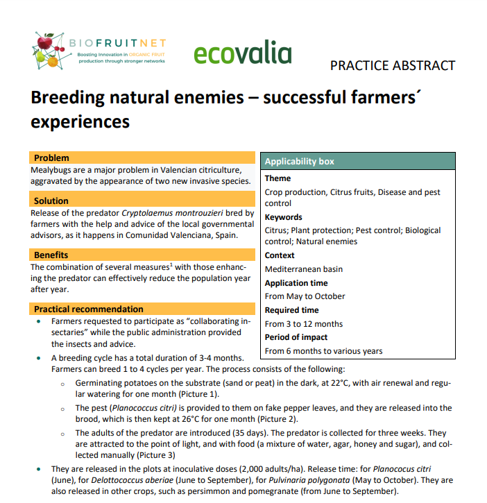 Развъждане на естествени врагове – опит на успешни фермери (Резюме от практиката на BIOFRUITNET)