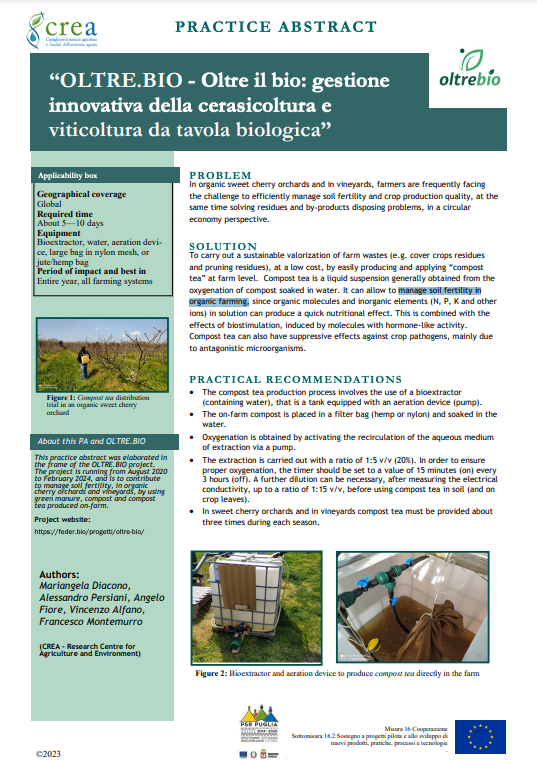 Komposta tēja: novatoriska organisko saldo ķiršu augļu dārzu un bioloģisko vīna dārzu pārvaldība (OLTRE.BIO prakses kopsavilkums)