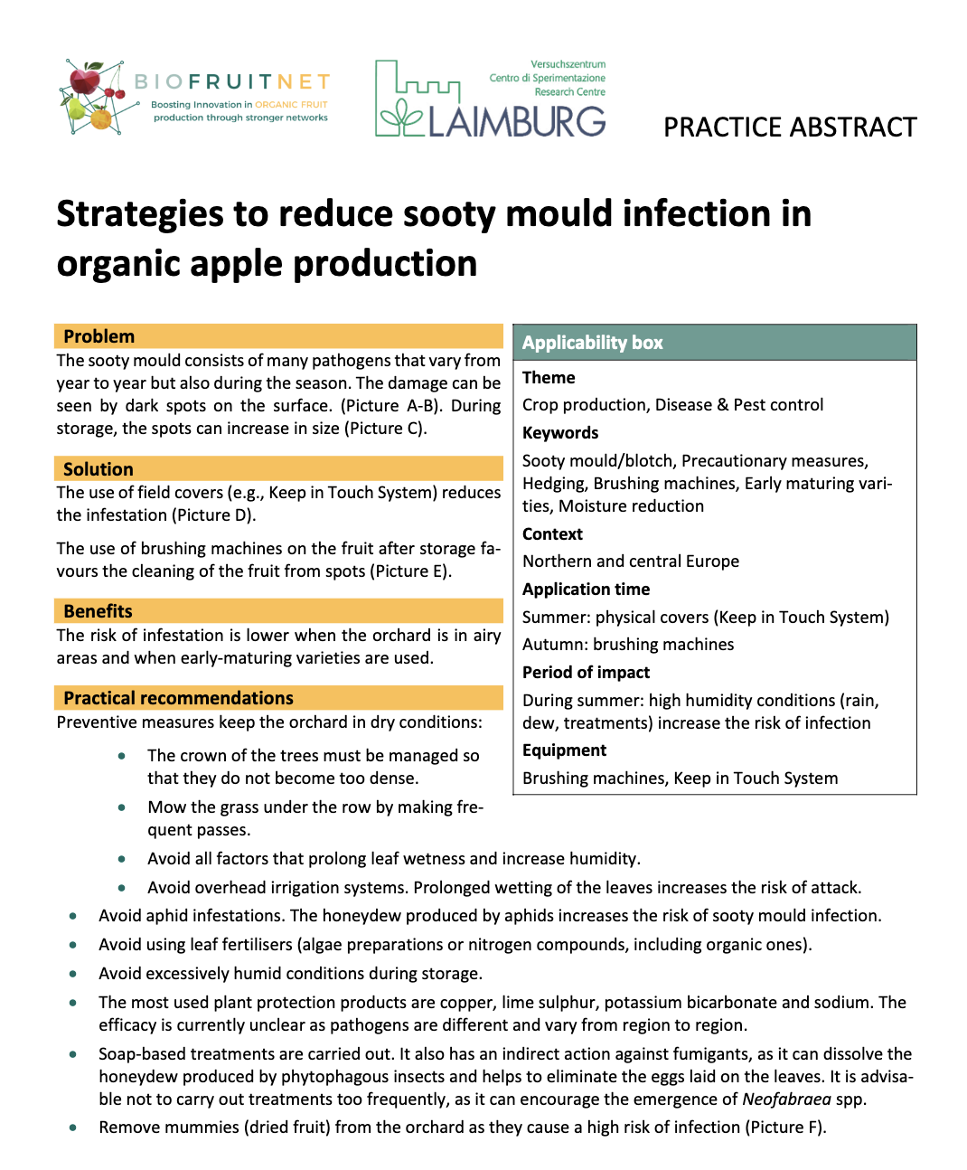 Стратегије за смањење инфекције чађавом плесни у органској производњи јабука (БИОФРУИТНЕТ Працтице Абстрацт)