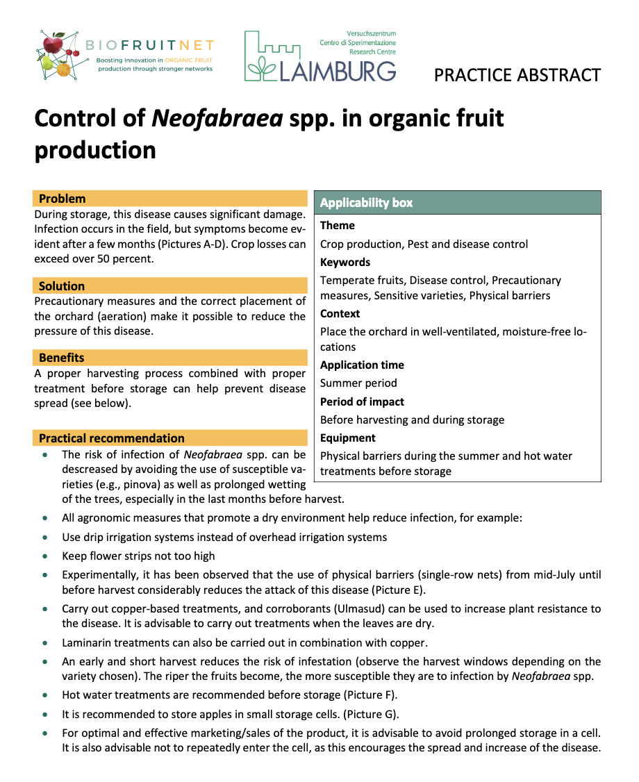 Controle van Neofabraea spp. in de biologische fruitproductie (BIOFRUITNET Practice Abstract)