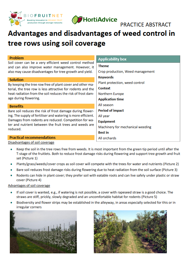 Nezāļu apkarošanas priekšrocības un trūkumi koku rindās, izmantojot augsnes pārklājumu (BIOFRUITNET prakses kopsavilkums)