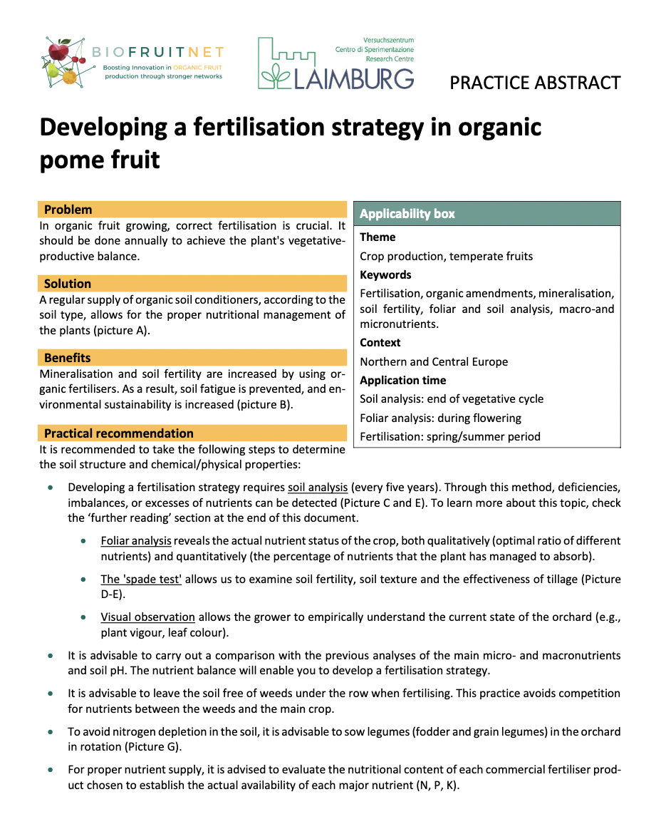 Sviluppo di una strategia di fertilizzazione nelle pomacee biologiche (BIOFRUITNET Practice Abstract)
